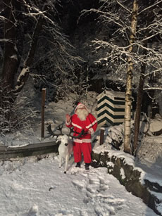 Santa Claus steht im winterlichen Garten des Schlosshotels Königreich Romkerhall